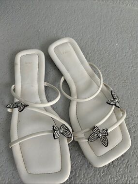 SHEIN White Strappy Slide Sandals with Rhinestone Butterfly Accents